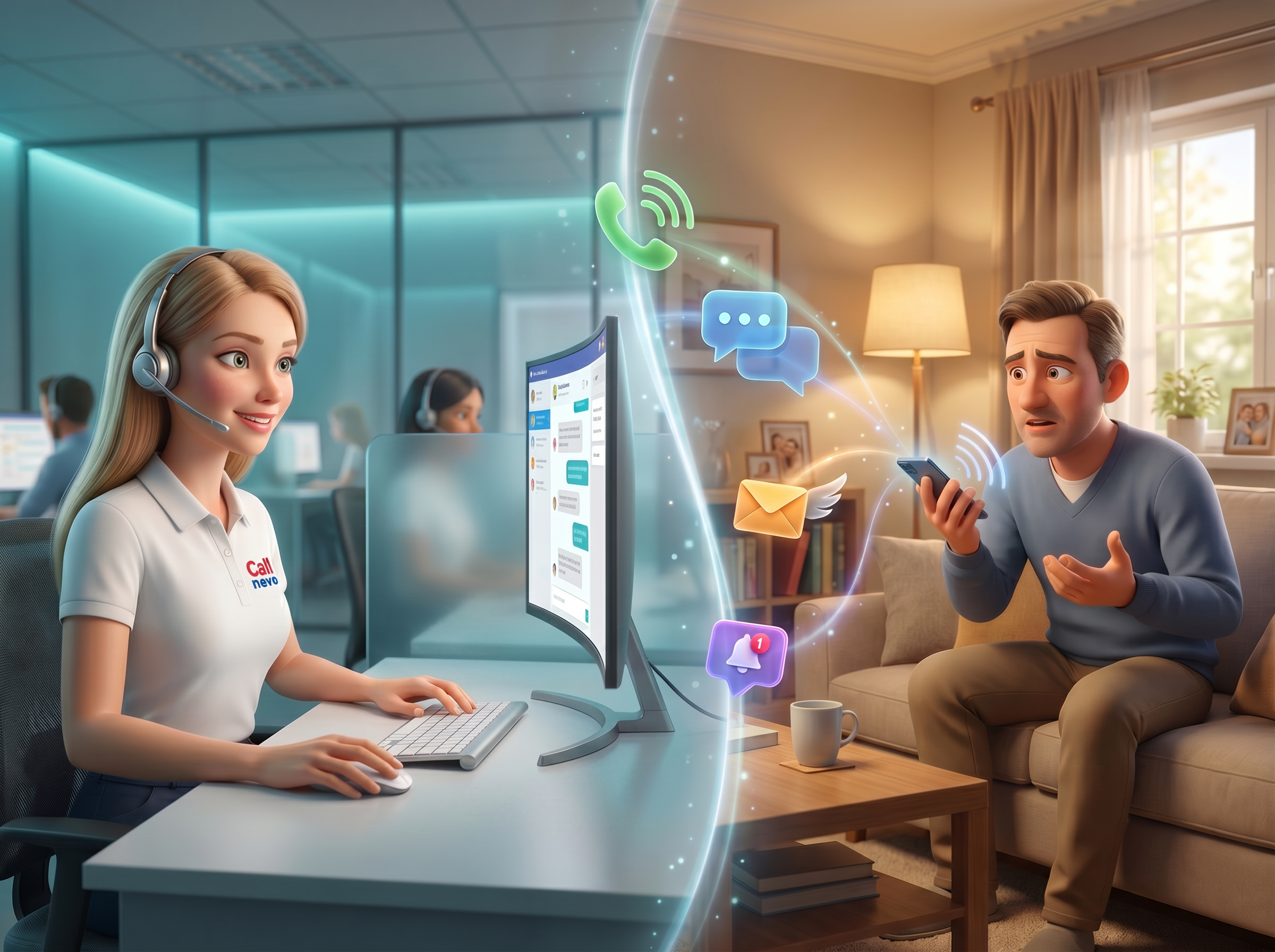 AI-powered roleplay training - CS agent in office connected to customer at home